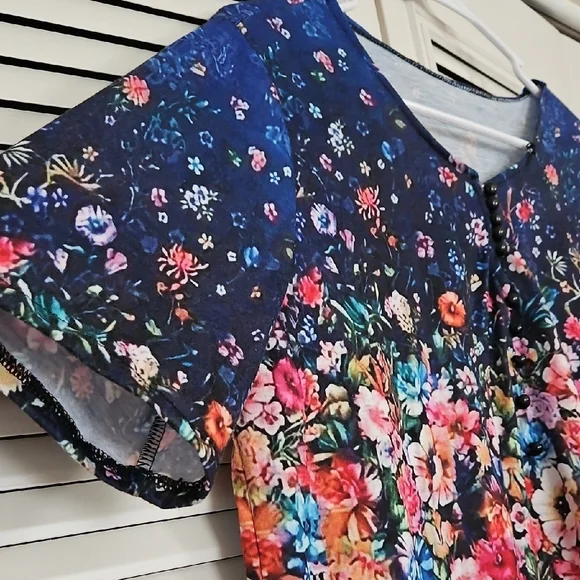 Floral Navy Women's Top - Large, Blue, Pink, Orange, Purple, Yellow - Picture 2 of 7
